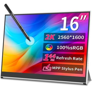 Monitor portátil de 16 pulgadas 2K con pantalla táctil, monitor de juegos de 144 Hz, soporte para