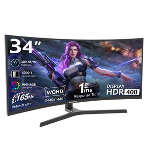 Monitor de juegos de computadora ultraancho curvado de 34 pulgadas 165 Hz, UWQHD 3440 x 1440, 1500R