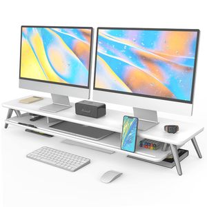 Fenge Soporte para monitor doble, soporte elevador para 2 monitores, estante de escritorio de madera