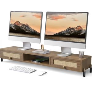 Fenge Soporte de monitor doble para escritorio, elevador largo de madera con cajón tejido de ratán,