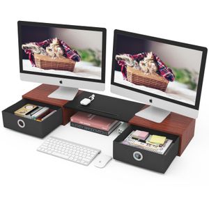 WESTREE Soporte elevador de monitor doble con dos cajones, soporte de monitor de almacenamiento