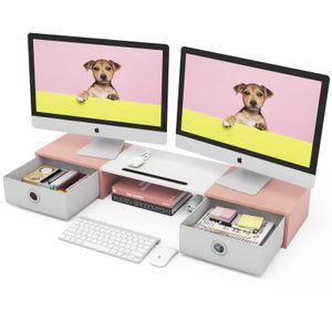 WESTREE Soporte elevador de monitor doble con dos cajones, soporte de monitor de almacenamiento