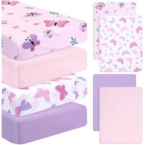 Mixweer Juego de 4 sábanas de cuna de mariposa rosa y morado para niñas bebés, sábanas portátiles y
