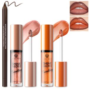 2 colores de brillo labial con purpurina con delineador de labios marrón combinado para mujeres,