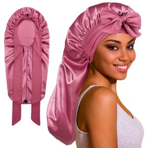ROYBENS Gorro largo de satén de seda para mujeres que duermen, gorro sedoso para mujeres con banda
