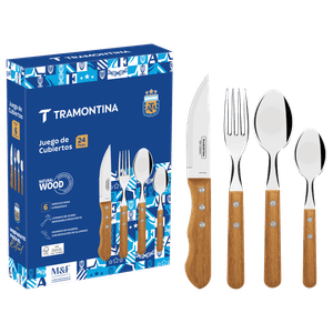 Juego de Cubiertos Dynamic Tramontina con Láminas de Acero Inoxidable y Mangos de Madera Natural 24 Pzs