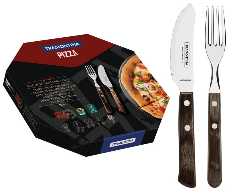 Juego de Cubiertos para Pizza Polywood Tramontina con Láminas de Acero Inoxidable Castaño 8 Pzas