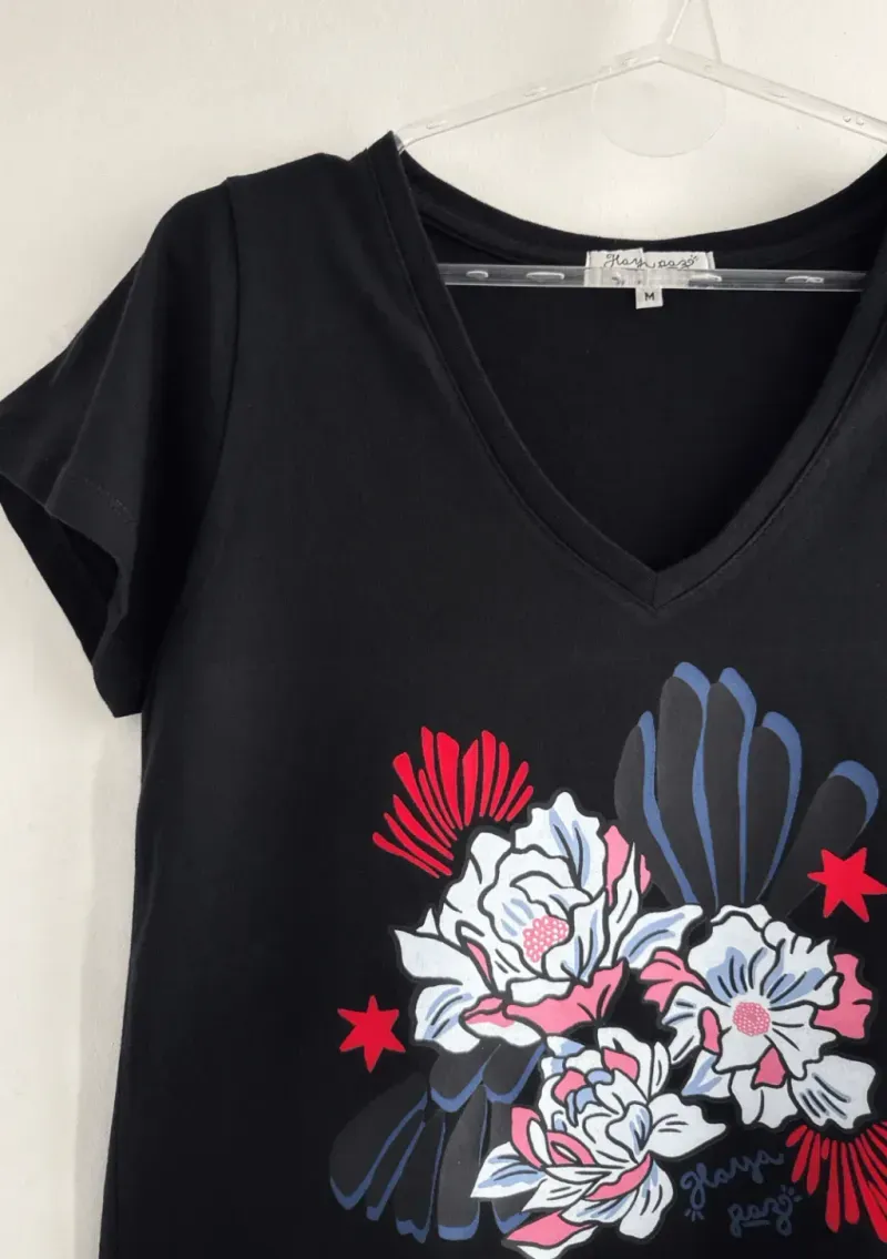 Remera de algodón escote V - Flores Azul & rosa Talle XL - Haya Paz