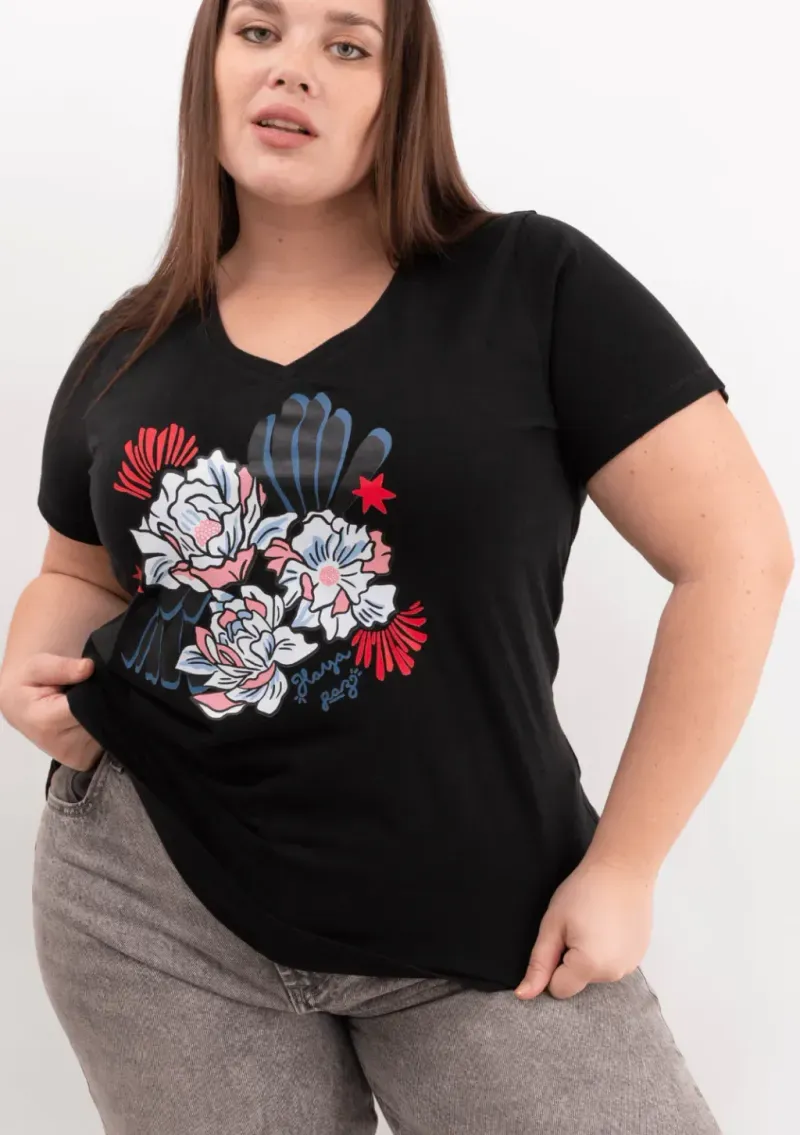 Remera de algodón escote V - Flores Azul & rosa Talle XL - Haya Paz