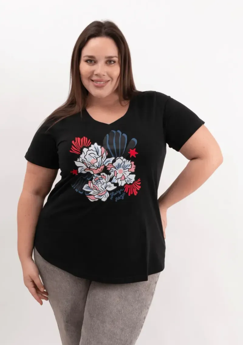 Remera de algodón escote V - Flores Azul & rosa Talle XL - Haya Paz