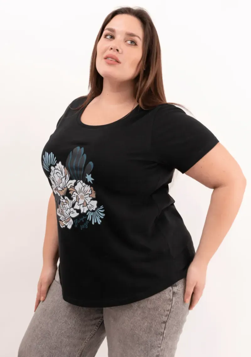 Remera de algodón escote redondo - Flores Azulinas Talle M - Haya Paz