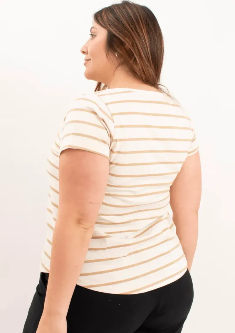Remera de algodón rayada escote V - Lena beige Talle M - Haya Paz