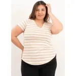 Remera de algodón rayada escote V - Lena beige Talle M - Haya Paz