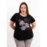 Remera de algodón escote redondo - Flores Azul & rosa Talle L - Haya Paz