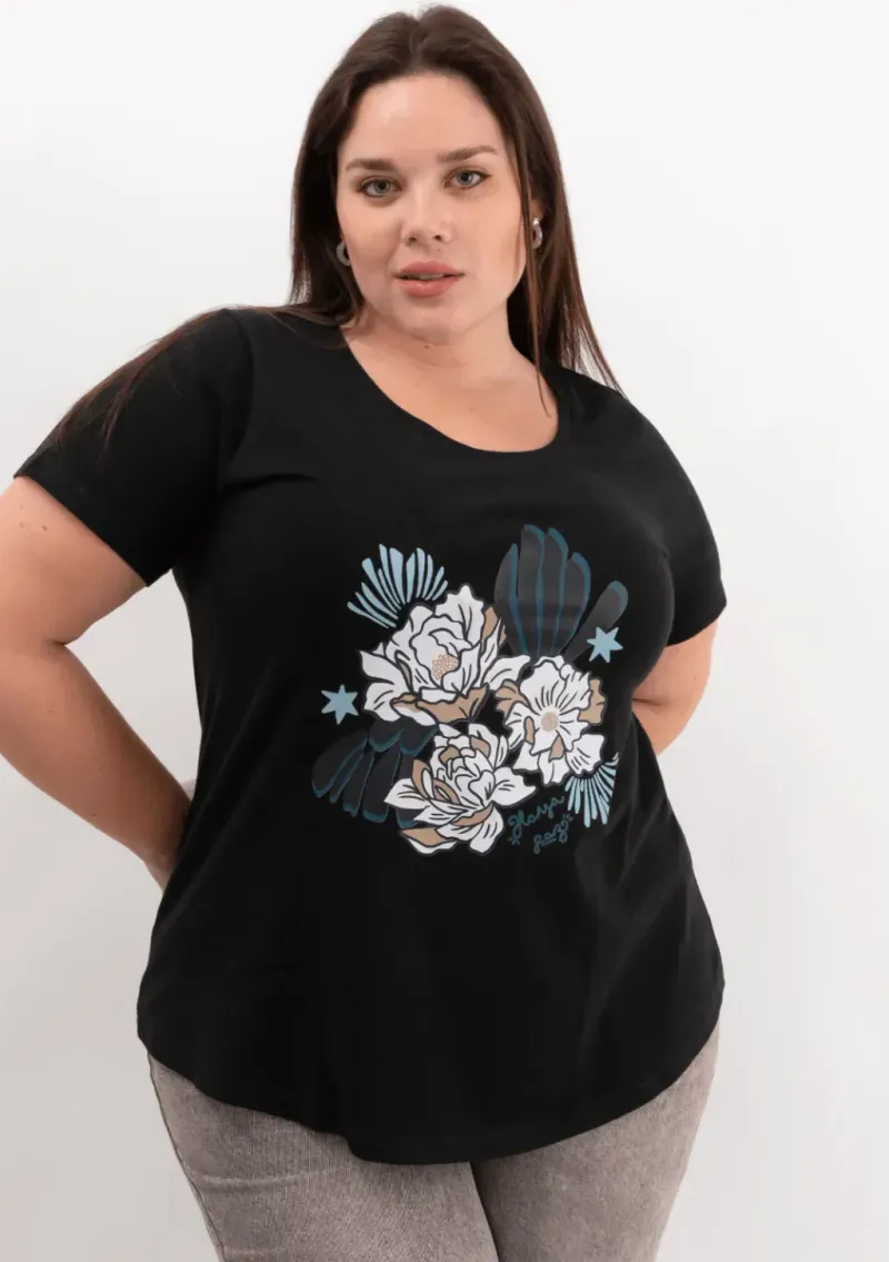 Remera de algodón escote redondo - Flores Azulinas Talle L - Haya Paz