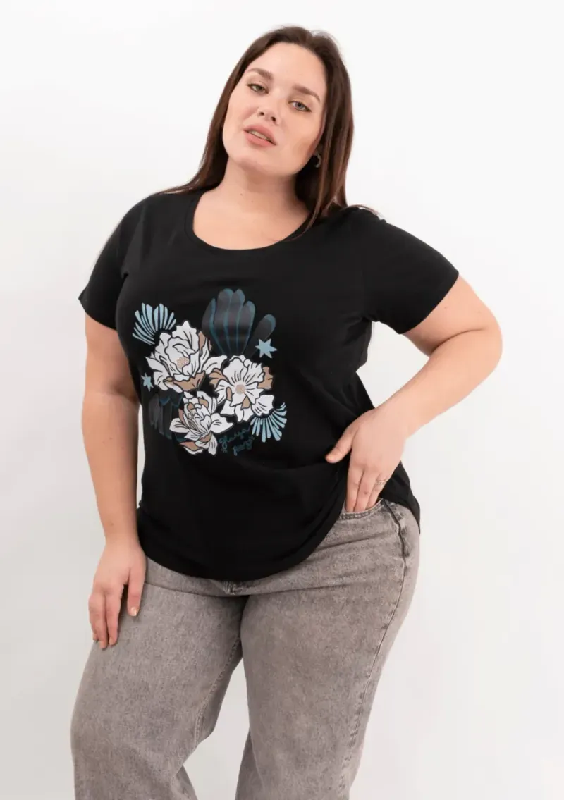 Remera de algodón escote redondo - Flores Azulinas Talle L - Haya Paz