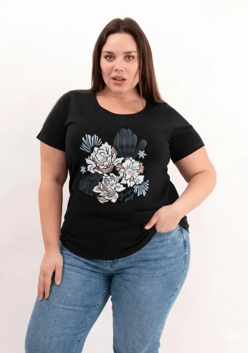 Remera de algodón escote redondo - Flores Azulinas Talle L - Haya Paz
