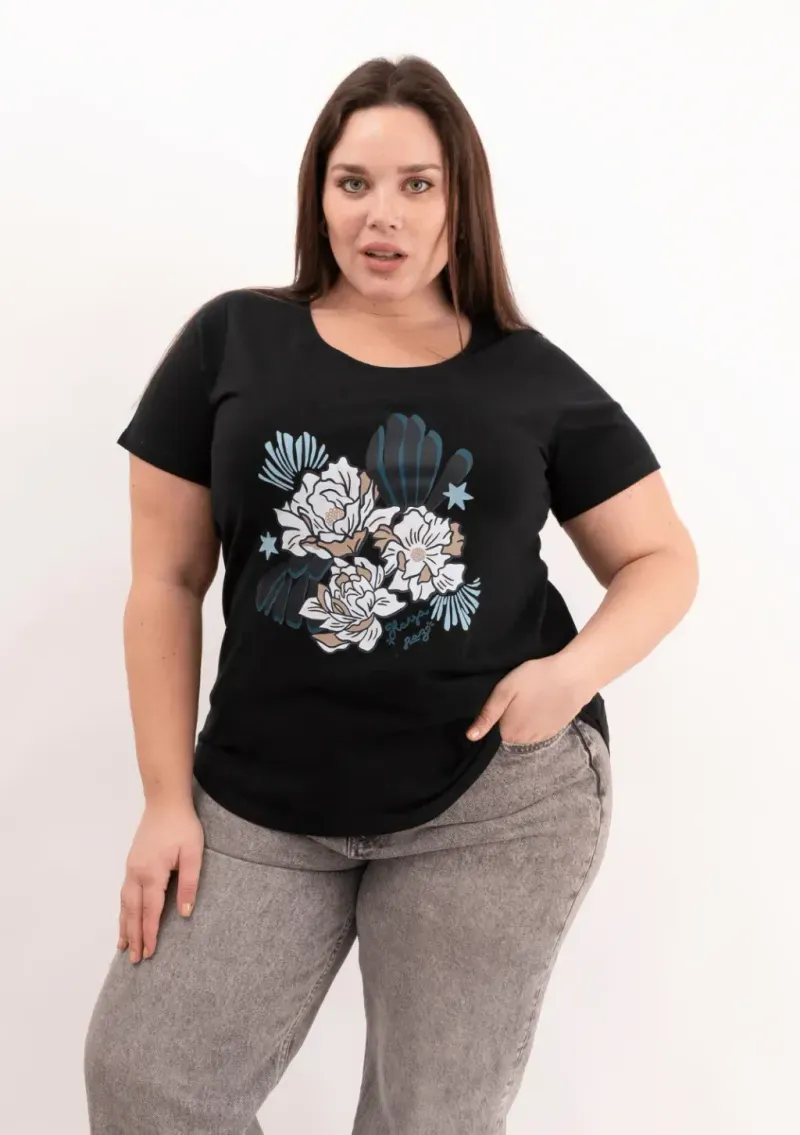 Remera de algodón escote redondo - Flores Azulinas Talle L - Haya Paz