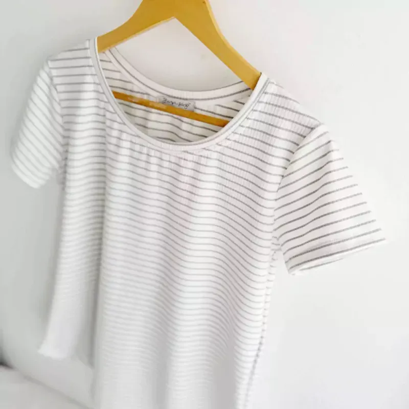 Remera Maga rayado blanco ancho+ gris - Morley Talle L - Haya Paz