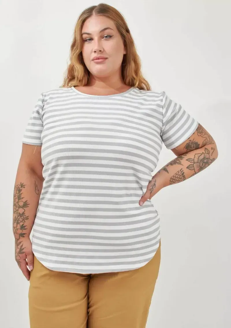 Remera Maga rayado Gris+blanco - Morley Talle M - Haya Paz