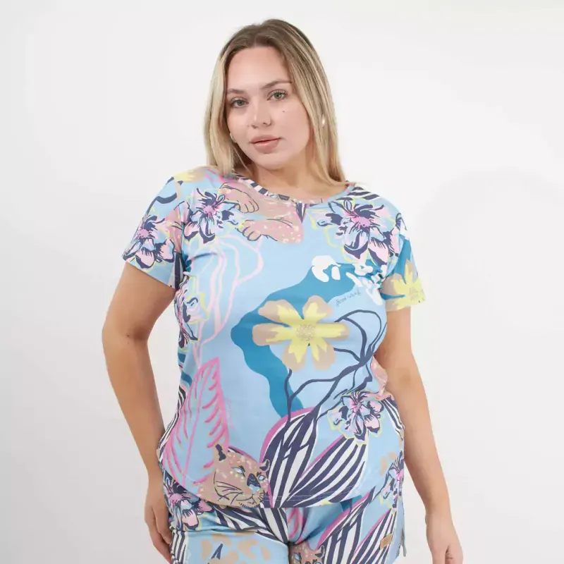 Remera Maga Estampa excl. Tigre celeste - Algodón con lycra Talle M - Haya Paz
