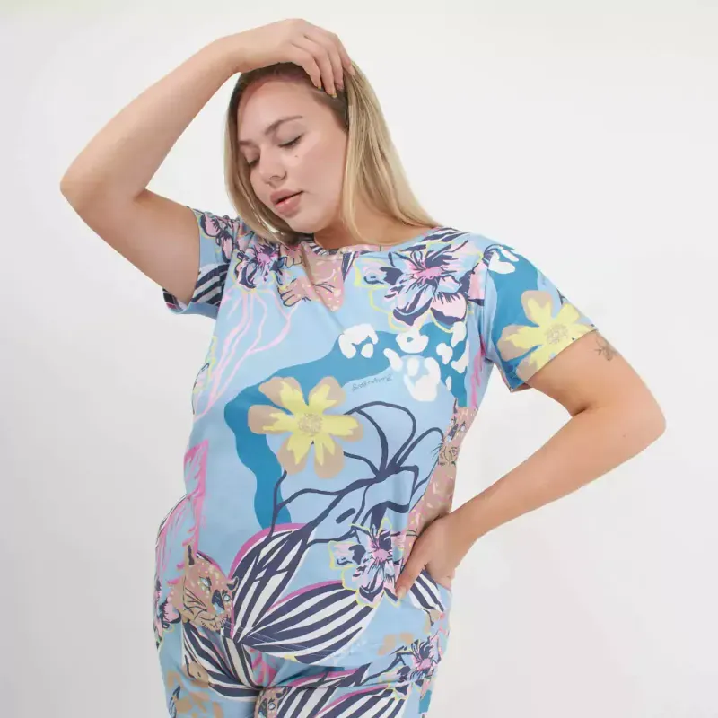 Remera Maga Estampa excl. Tigre celeste - Algodón con lycra Talle M - Haya Paz