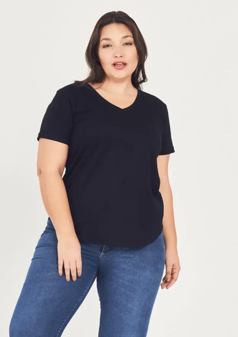 Remera básica manga corta escote V - de algodón negro Talle M - Haya Paz