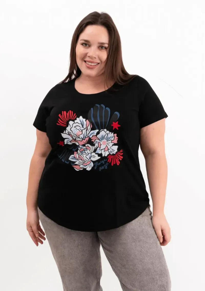 Remera de algodón escote redondo - Flores Azul & rosa Talle XXL - Haya Paz