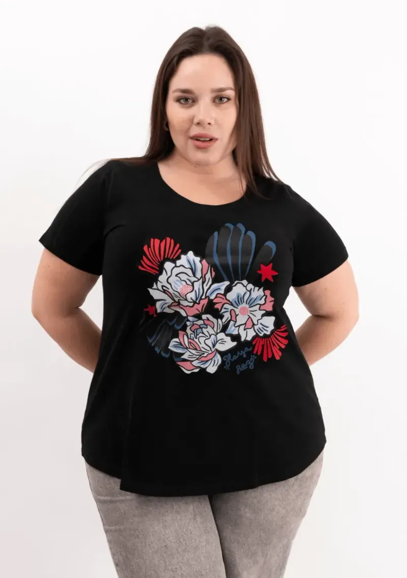 Remera de algodón escote redondo - Flores Azul & rosa Talle XXL - Haya Paz