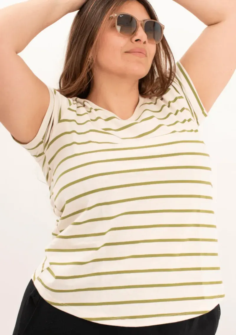 Remera de algodón rayada - Lena verde Talle M - Haya Paz