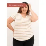 Remera de algodón rayada escote V - Lena beige Talle L - Haya Paz