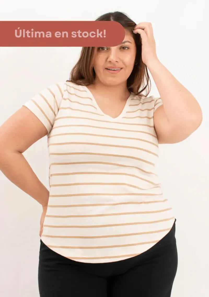 Remera de algodón rayada escote V - Lena beige Talle L - Haya Paz