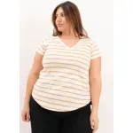 Remera de algodón rayada escote V - Lena beige Talle L - Haya Paz