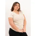 Remera de algodón rayada escote V - Lena beige Talle L - Haya Paz