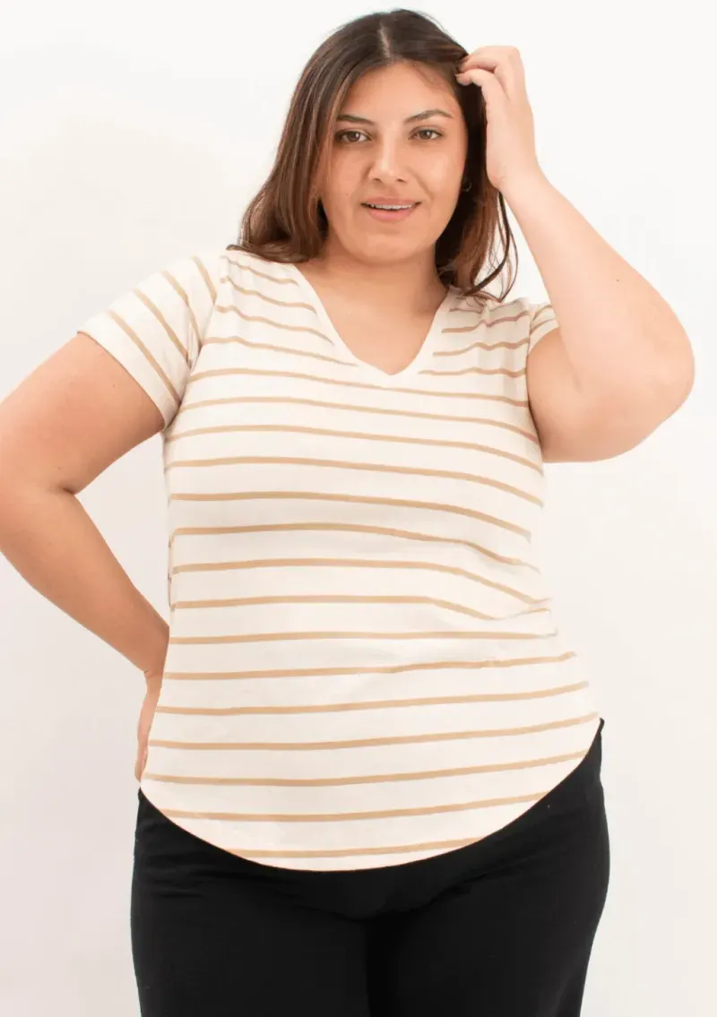 Remera de algodón rayada escote V - Lena beige Talle L - Haya Paz