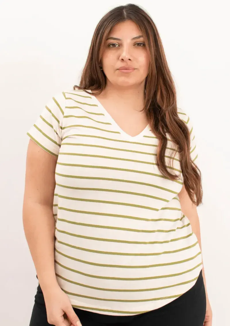 Remera de algodón rayada escote V - Lena verde Talle M - Haya Paz