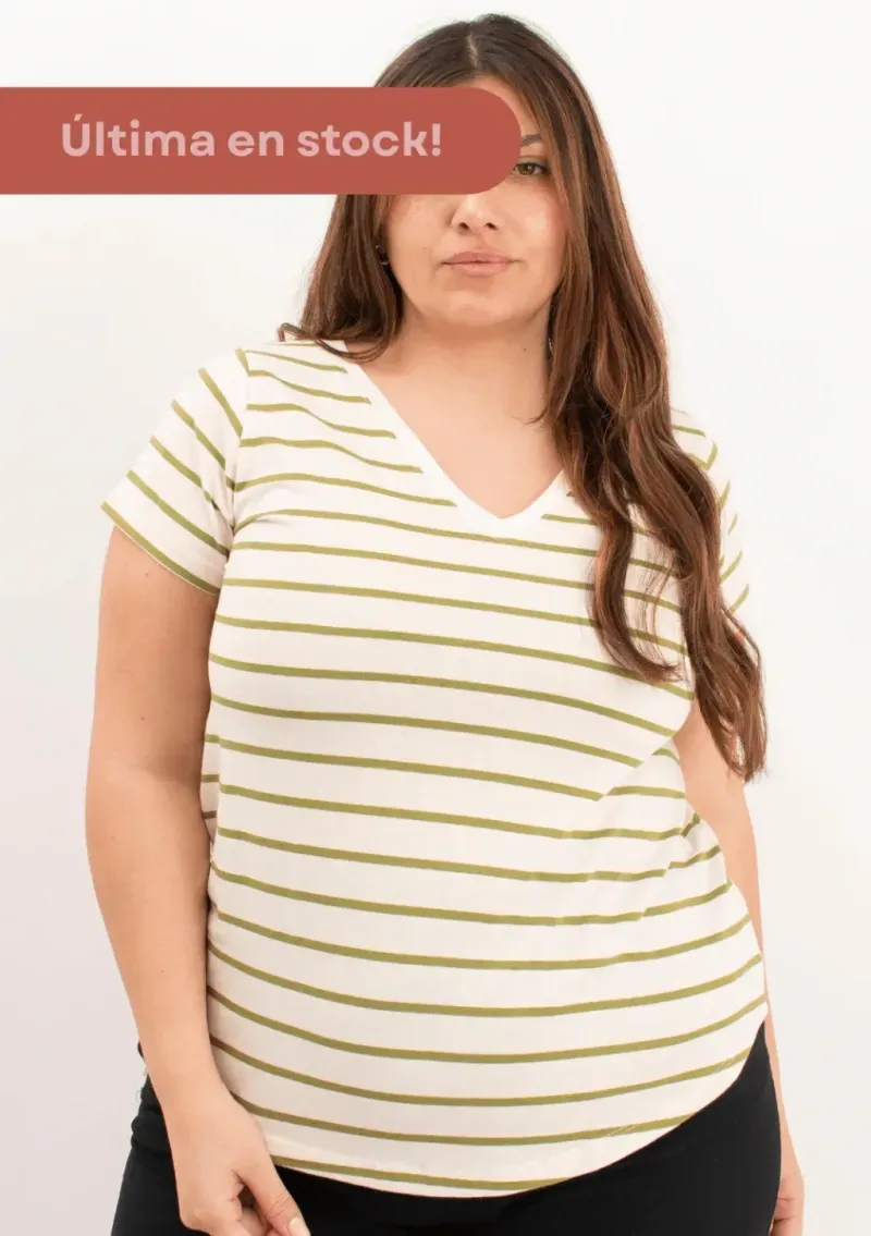 Remera de algodón rayada escote V - Lena verde Talle M - Haya Paz