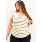 Remera de algodón rayada escote V - Lena verde Talle M - Haya Paz