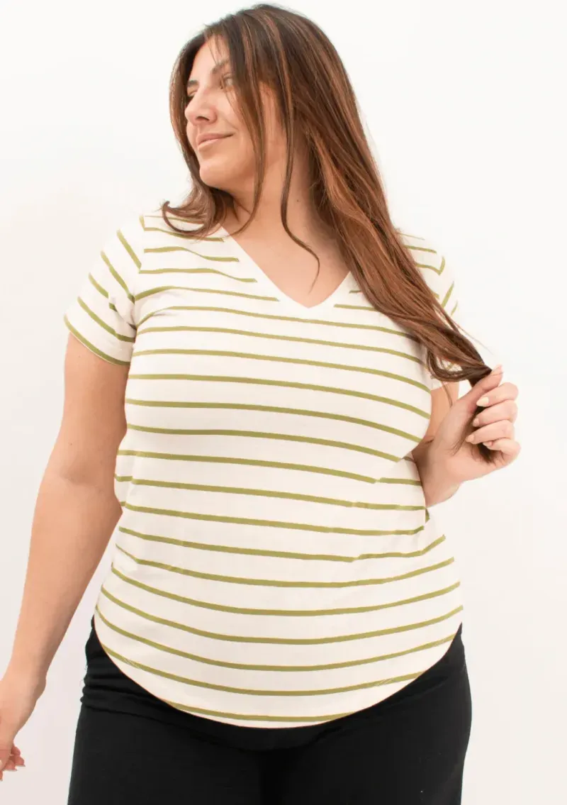 Remera de algodón rayada escote V - Lena verde Talle M - Haya Paz