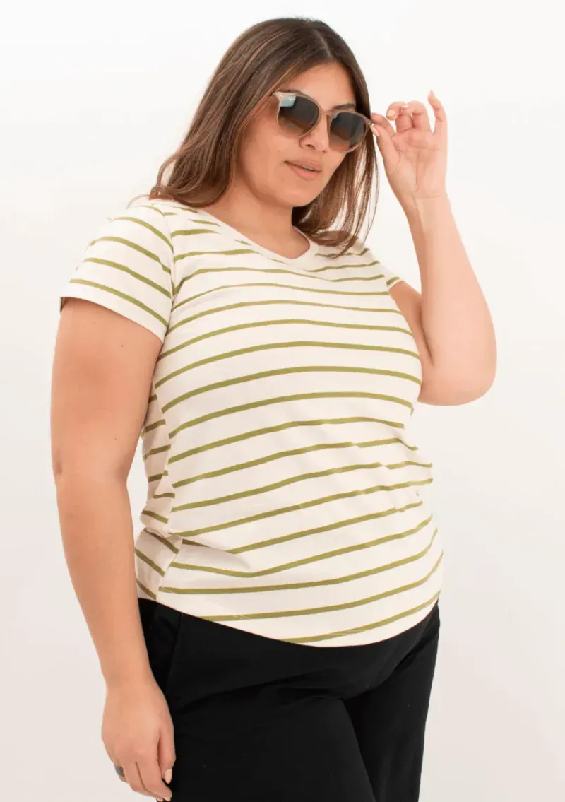 Remera de algodón rayada escote V - Lena verde Talle M - Haya Paz