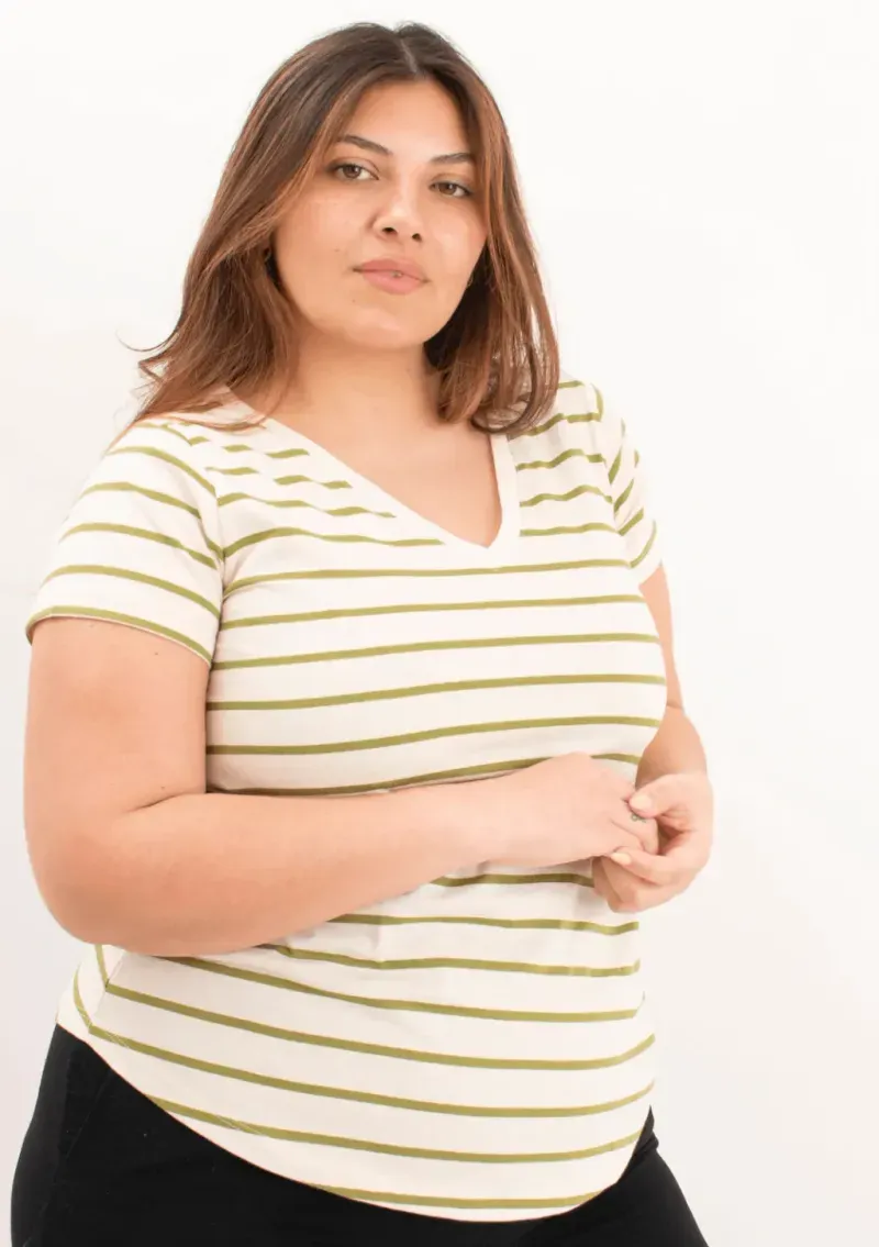 Remera de algodón rayada escote V - Lena verde Talle M - Haya Paz