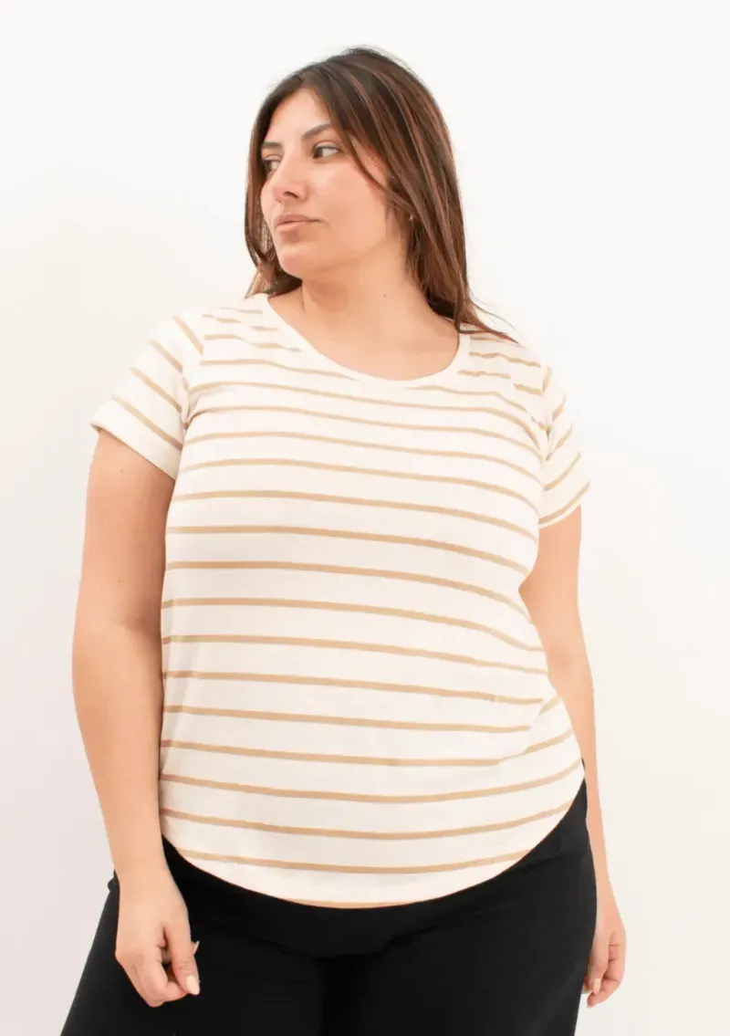 Remera de algodón rayada - Lena beige Talle M - Haya Paz