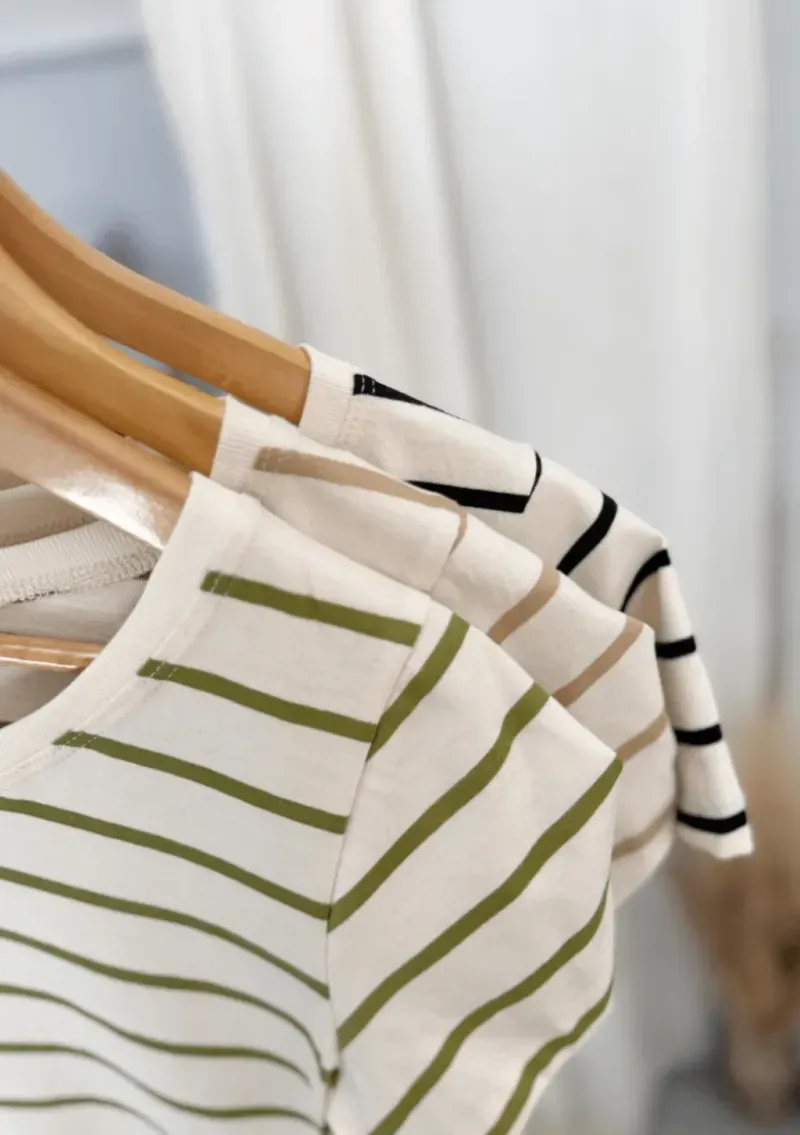 Remera de algodón rayada - Lena beige Talle M - Haya Paz