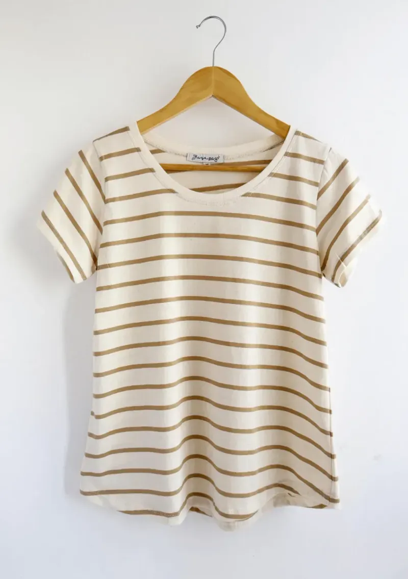 Remera de algodón rayada - Lena beige Talle M - Haya Paz