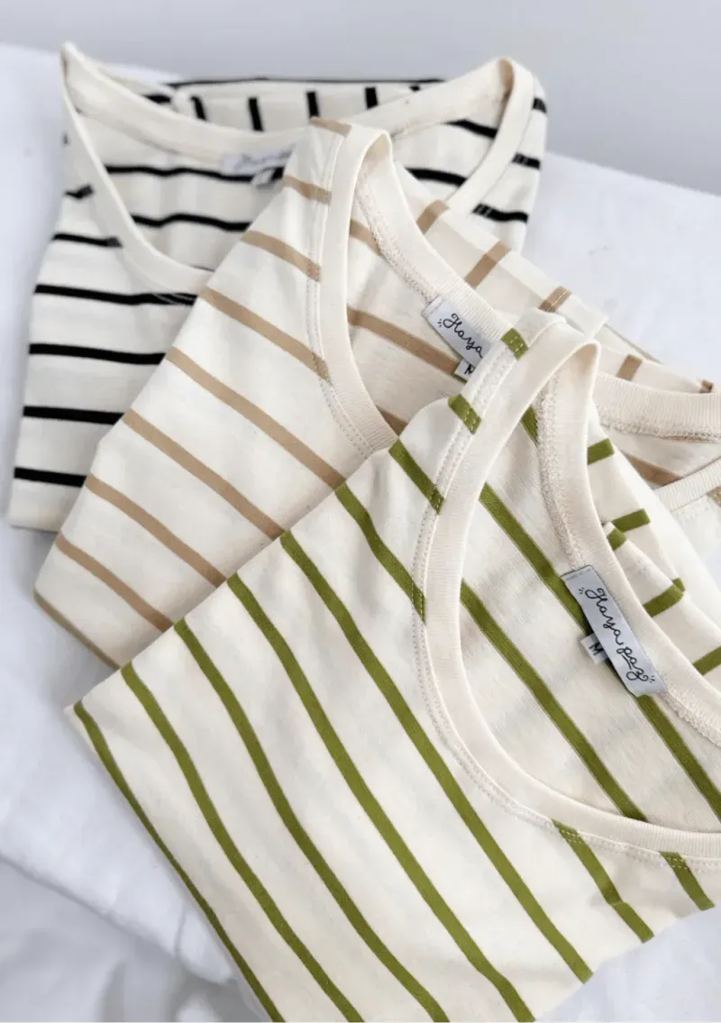 Remera de algodón rayada - Lena beige Talle M - Haya Paz