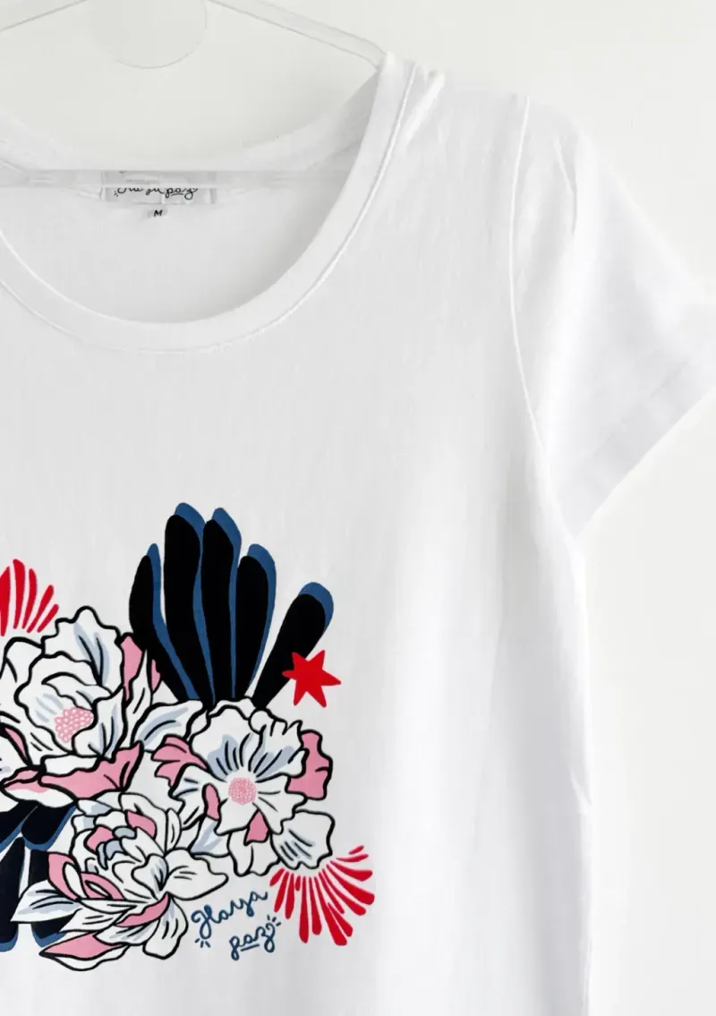 Remera de algodón escote redondo - Flores Azul & rosa Talle L - Haya Paz