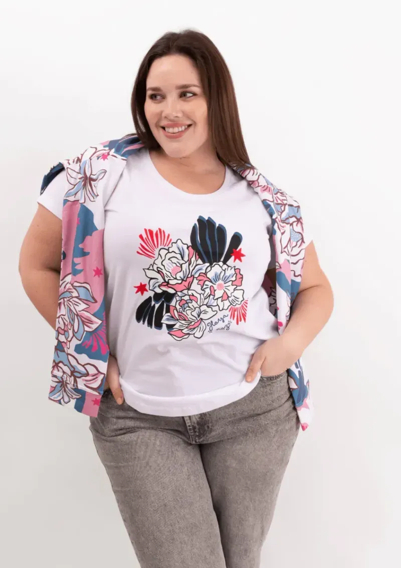 Remera de algodón escote redondo - Flores Azul & rosa Talle L - Haya Paz