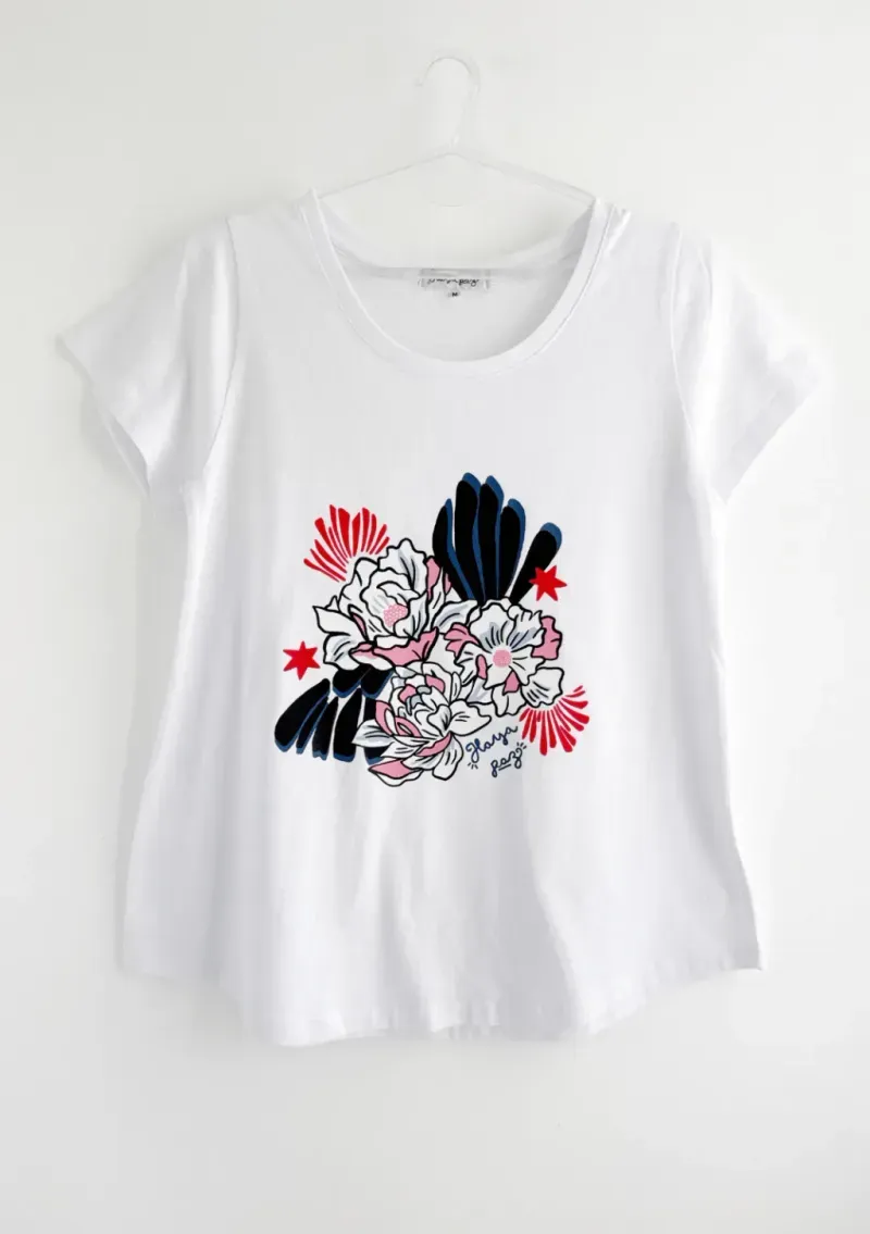 Remera de algodón escote redondo - Flores Azul & rosa Talle L - Haya Paz
