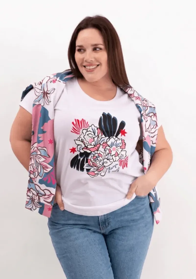 Remera de algodón escote redondo - Flores Azul & rosa Talle L - Haya Paz