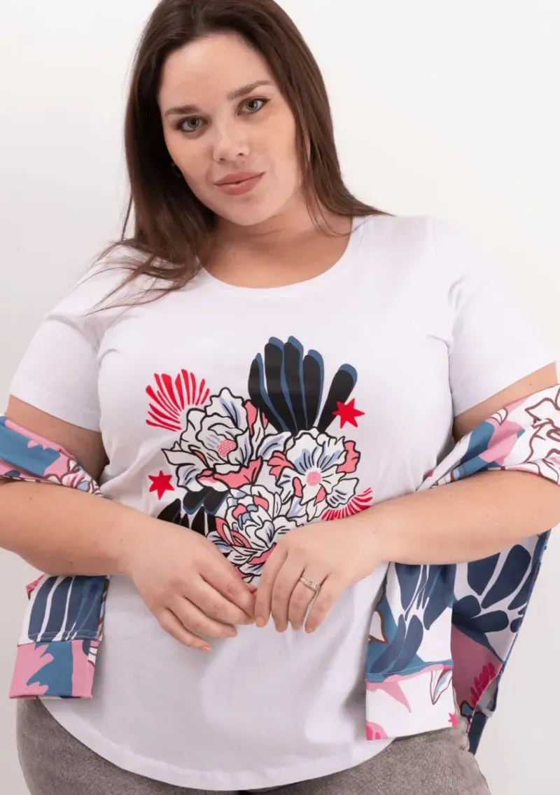 Remera de algodón escote redondo - Flores Azul & rosa Talle L - Haya Paz